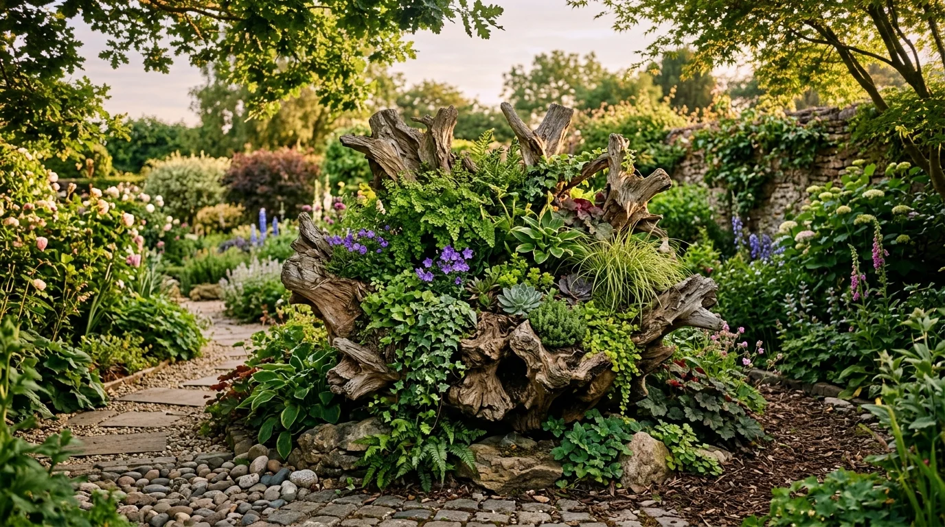 A large driftwood statement planter anchoring a garden space.