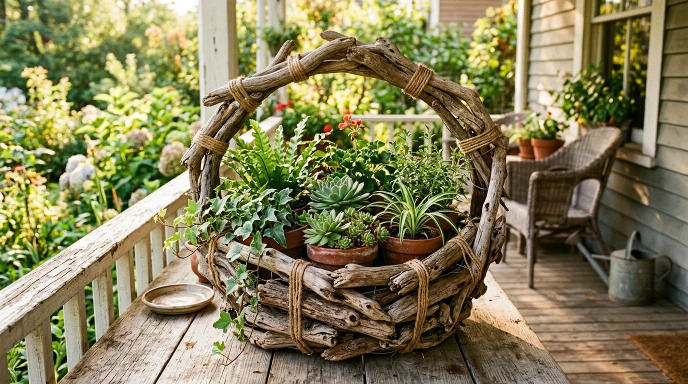 A driftwood basket-style planter with layered greenery.