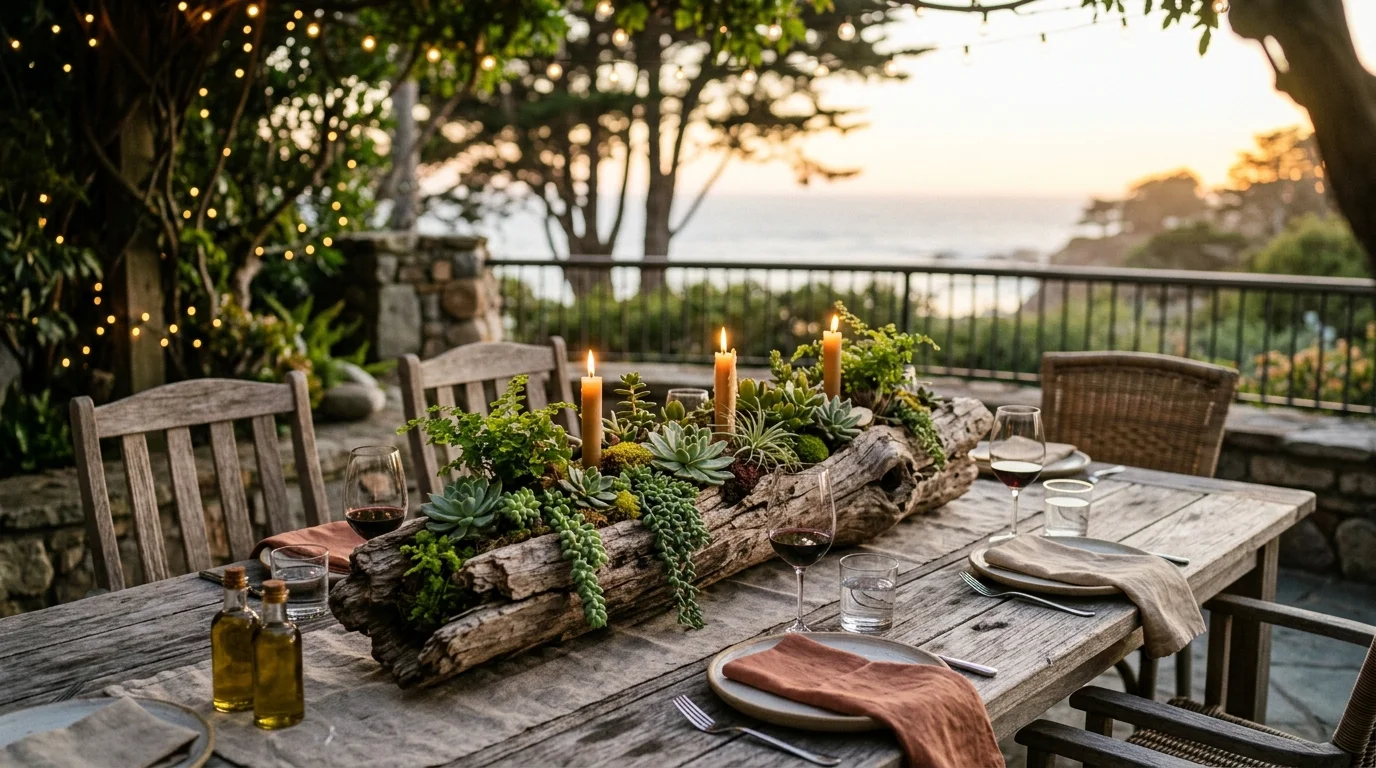 A driftwood table centerpiece planter for outdoor dining.