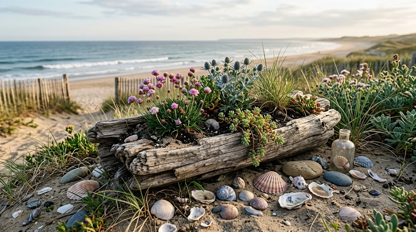 A beach-inspired driftwood planter with coastal styling.