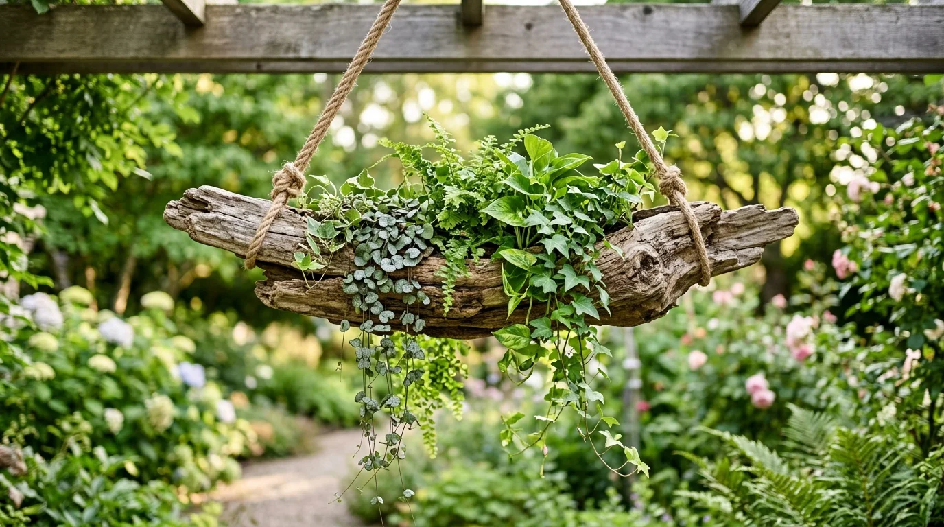 A hanging driftwood planter adding vertical texture.