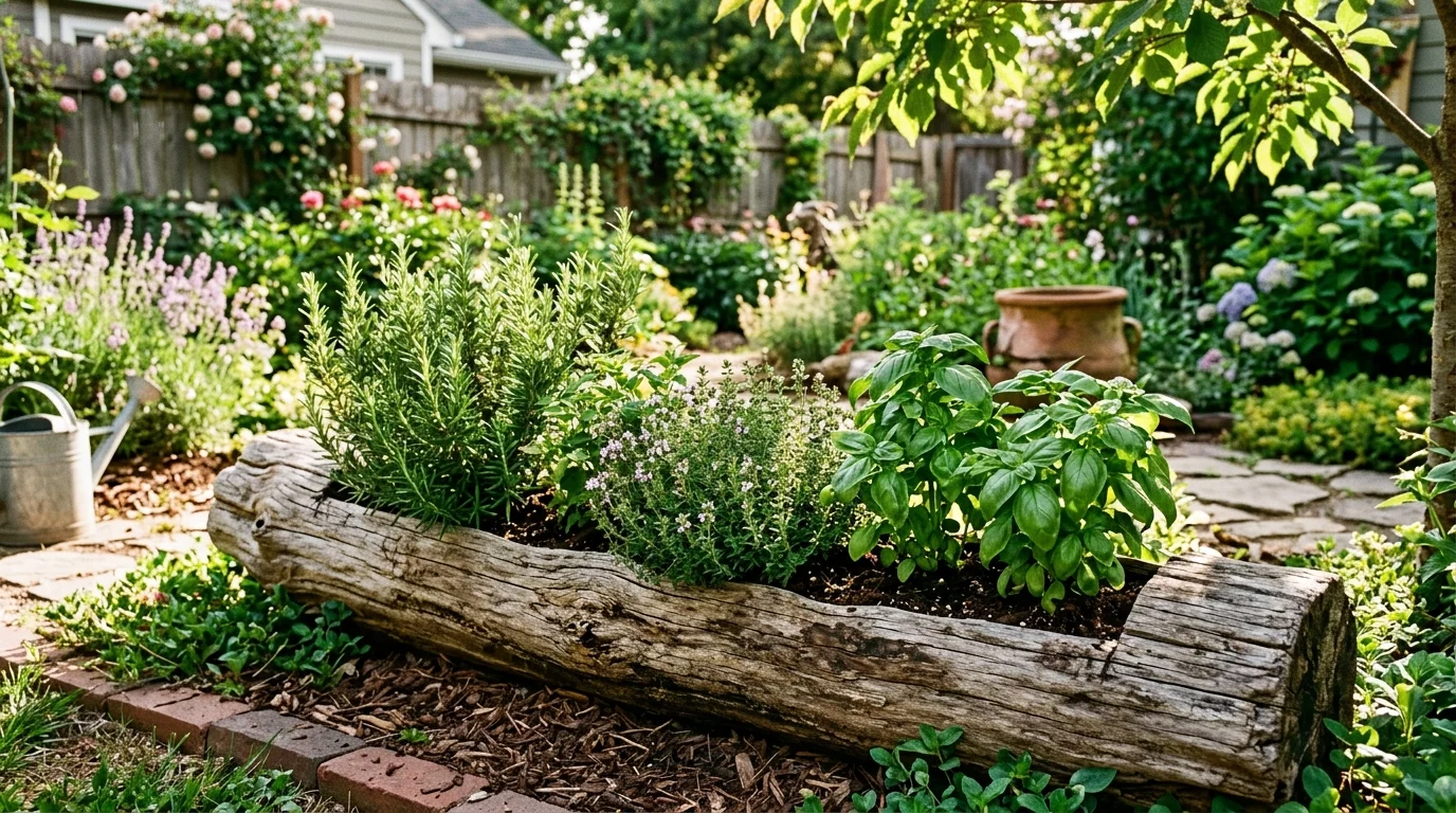 A driftwood herb garden with simple, functional planting.