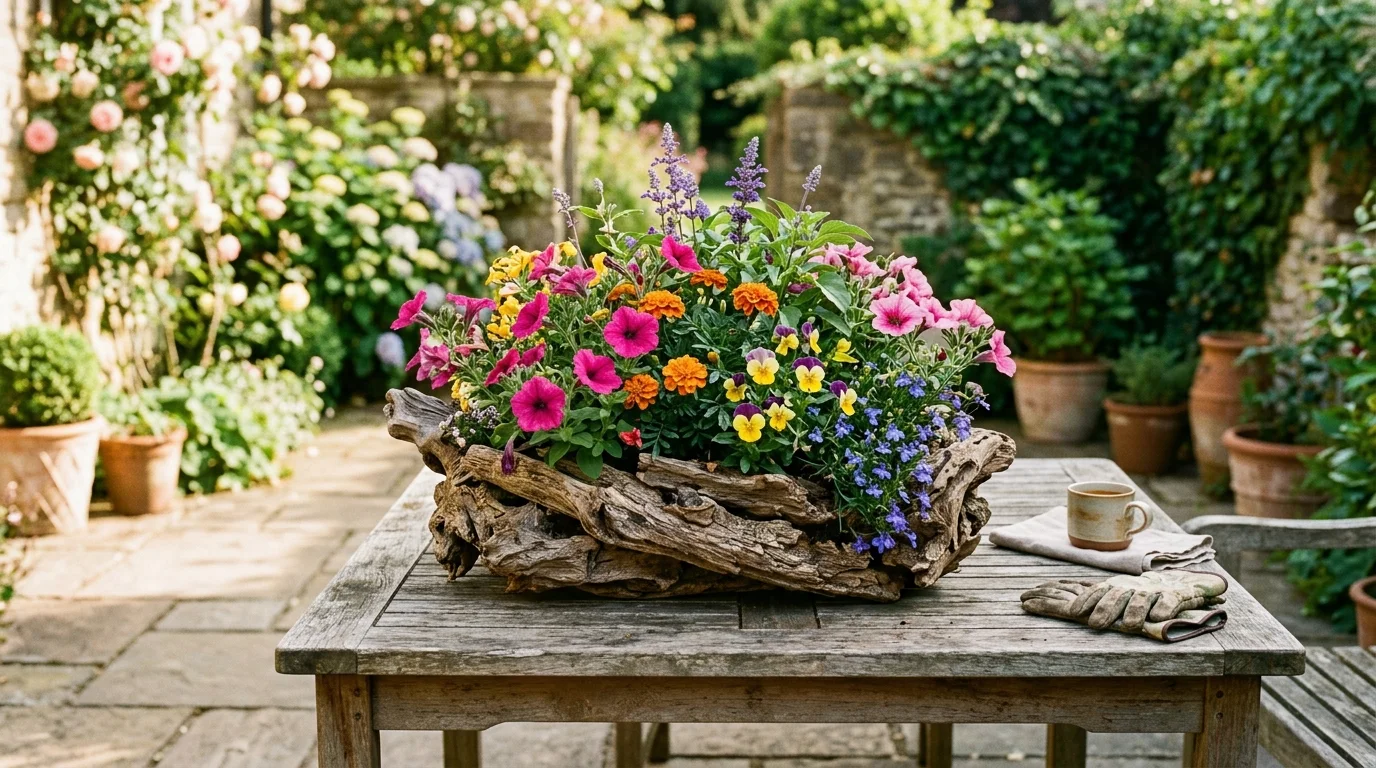 A driftwood flower arrangement planter used as a table centerpiece.