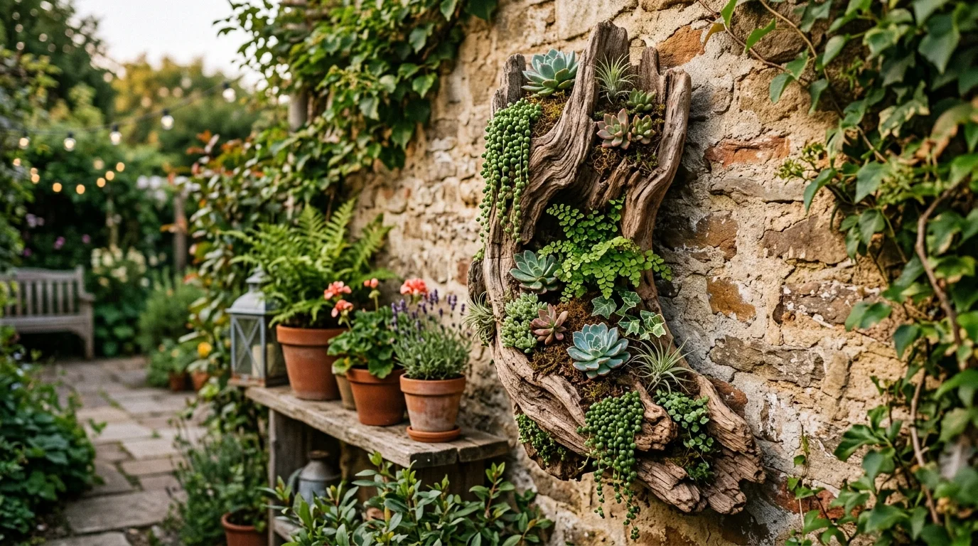 A vertical driftwood planter creating a slim garden feature.