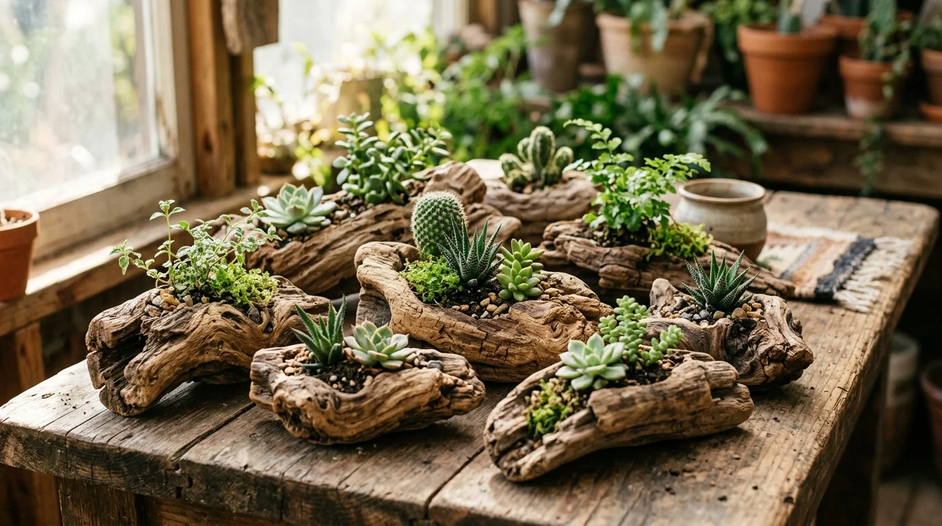 A mini driftwood planters set styled in a small garden nook.