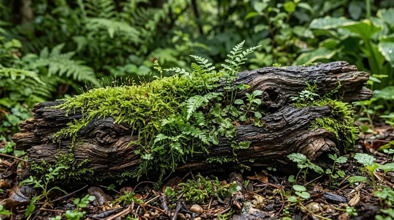A driftwood and moss planter with soft woodland texture.