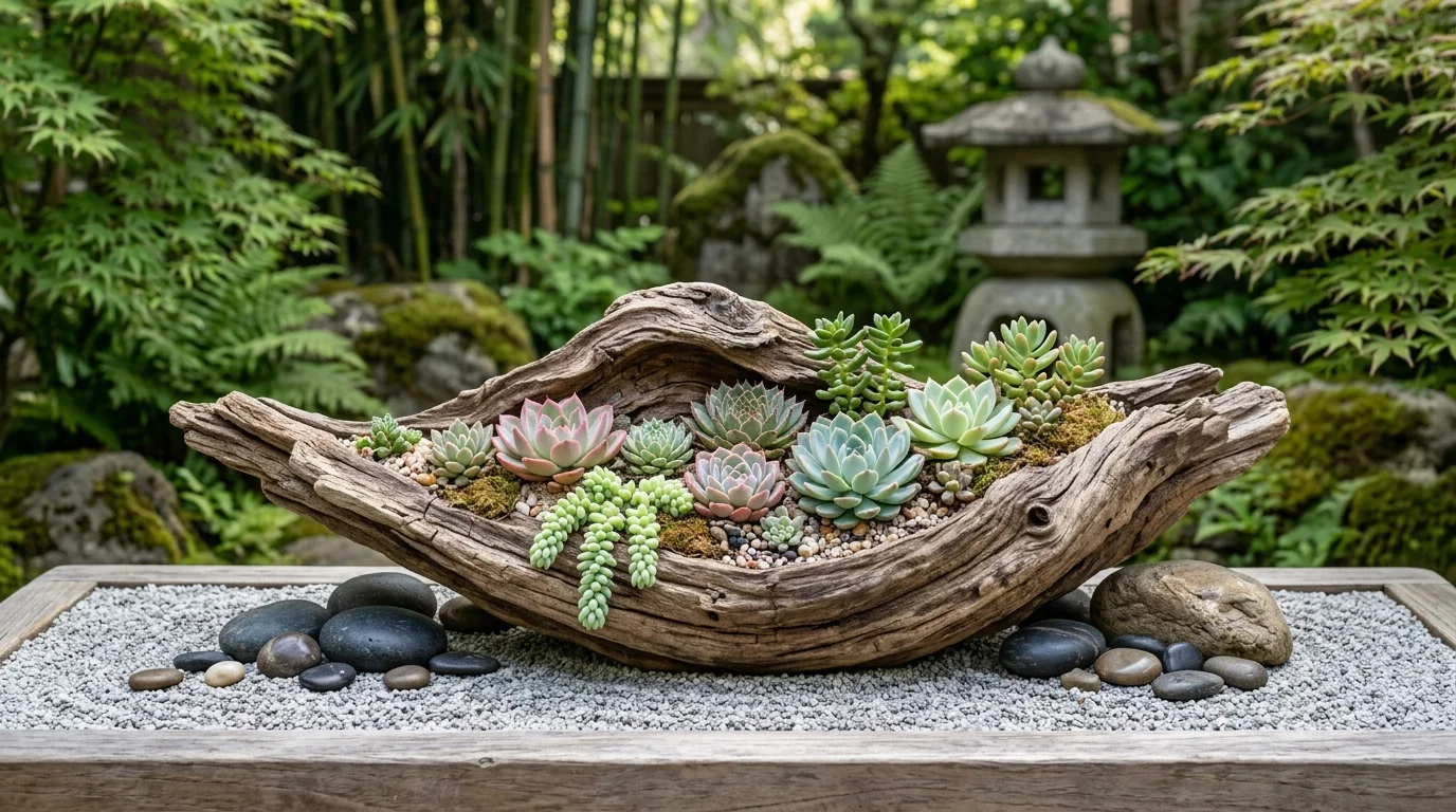 A driftwood rock garden planter with sculptural stones.