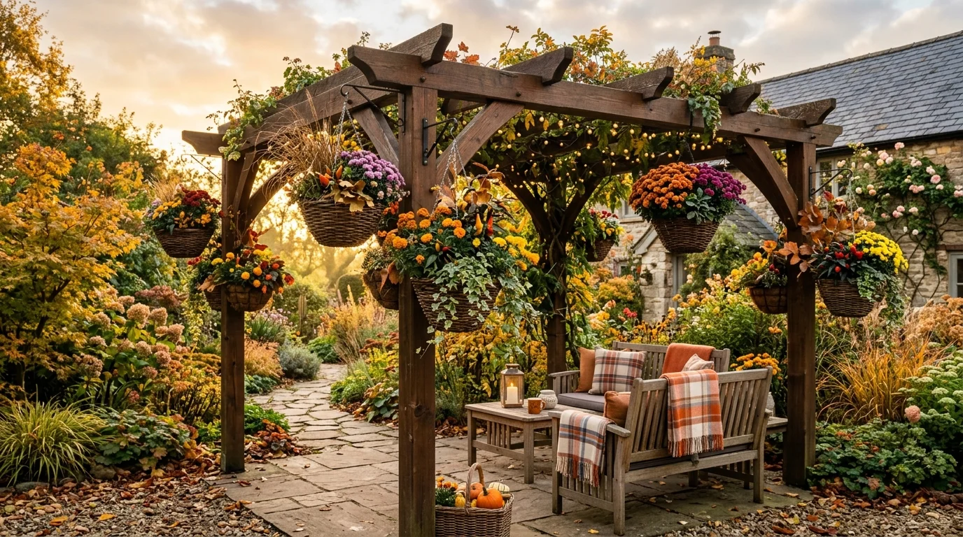 Wooden Pergola Hanging Baskets image.