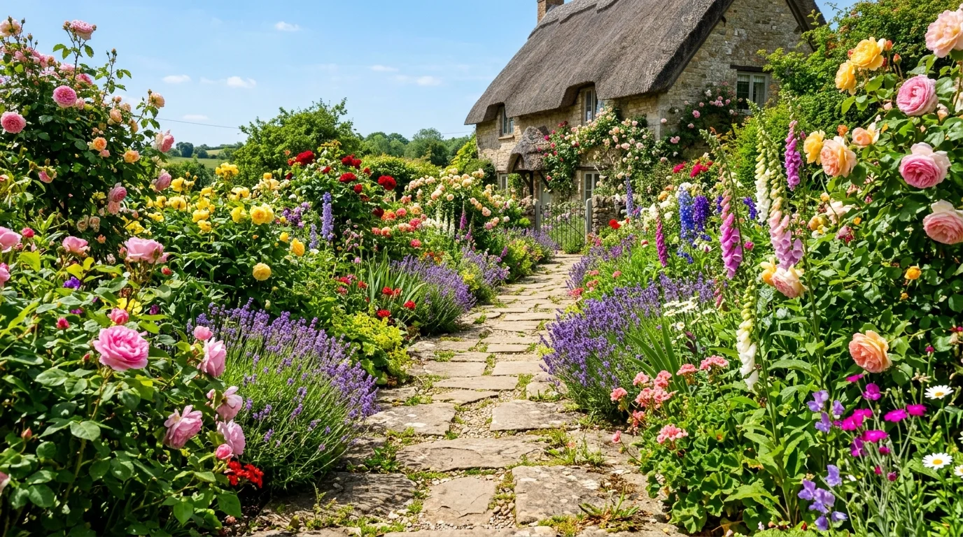 A flower-lined cottage garden pathway glowing in warm full sun.