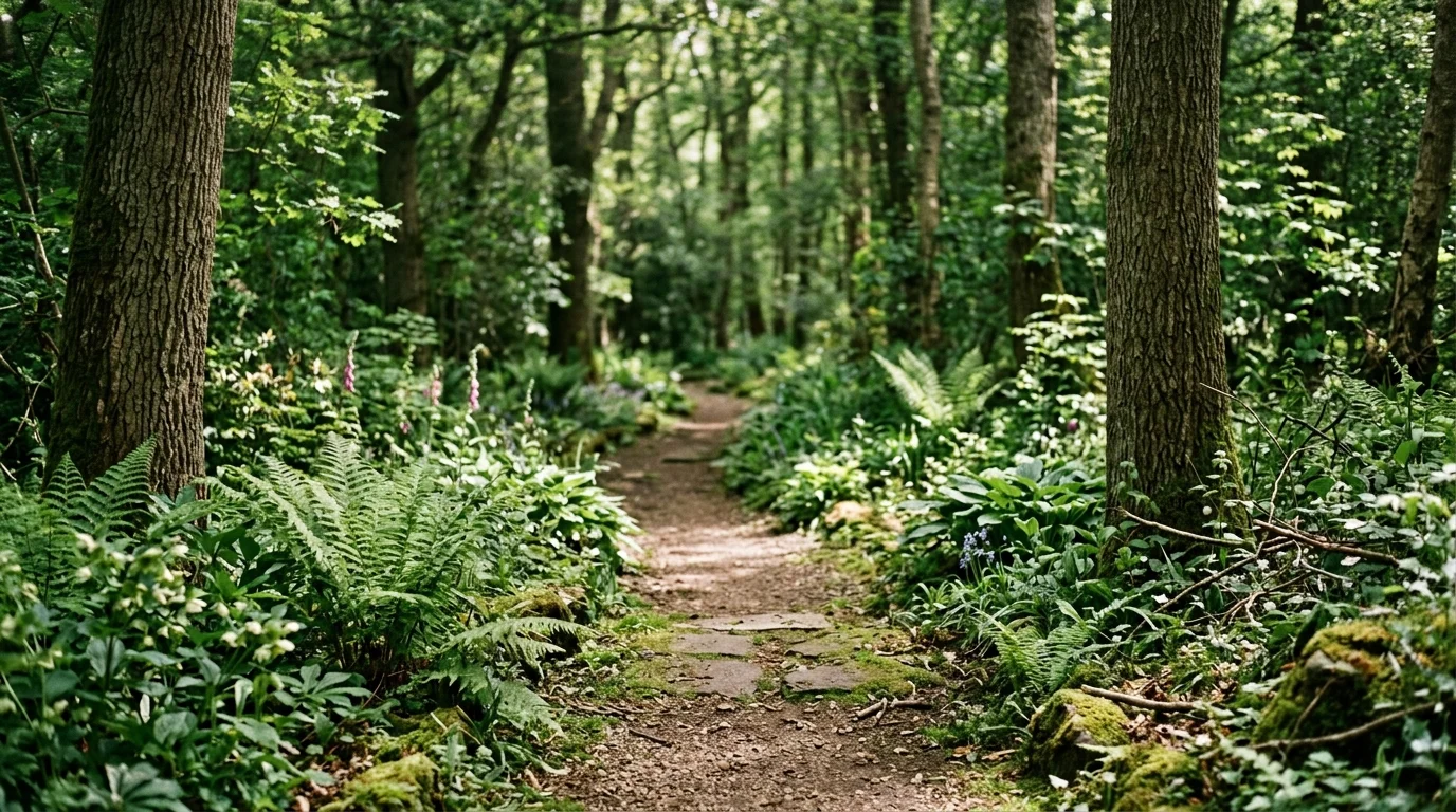 A partial shade woodland path softened by flowers and green foliage.