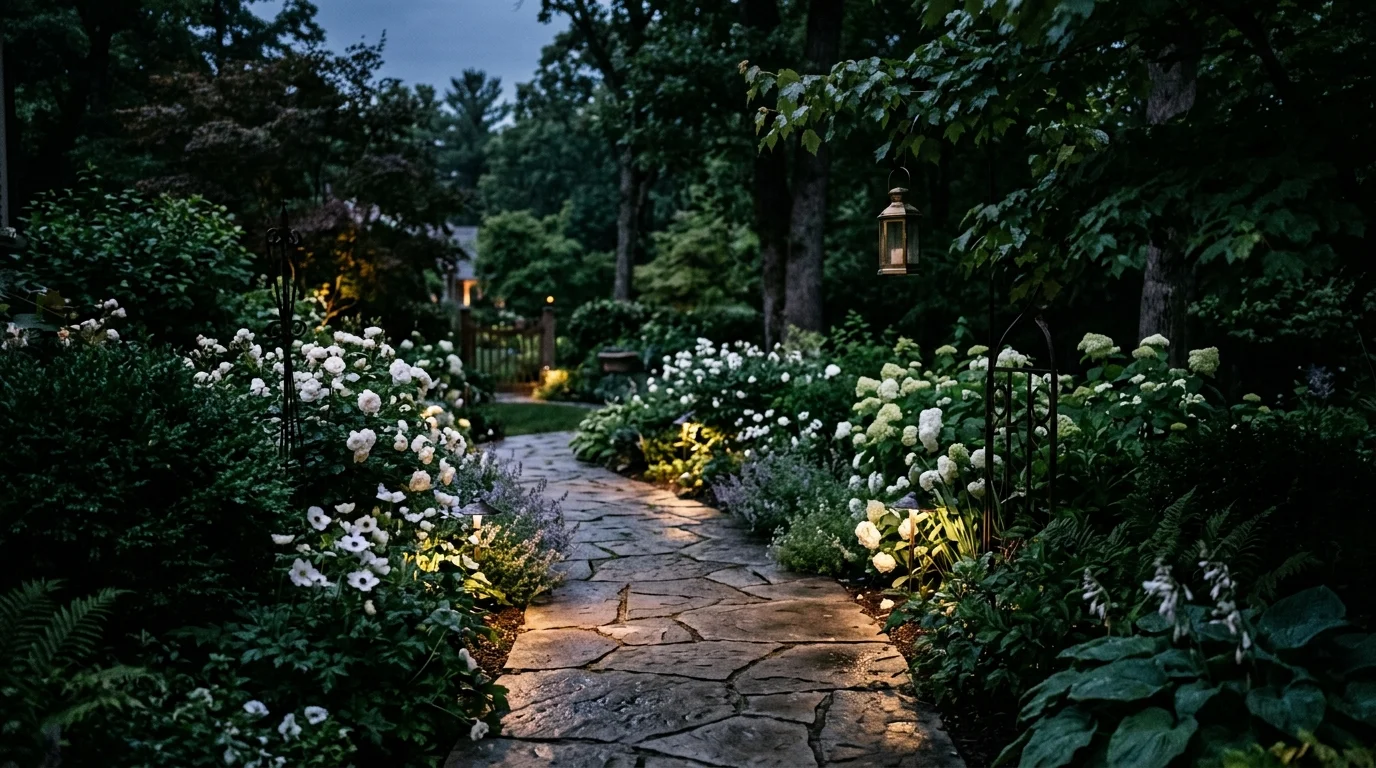 An elegant low-light garden pathway with refined flower planting.