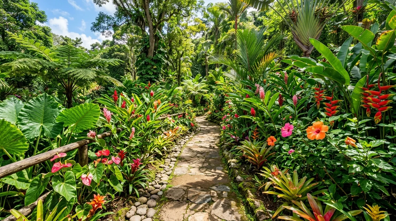 A vibrant tropical flower path filled with bright planting and lush foliage.