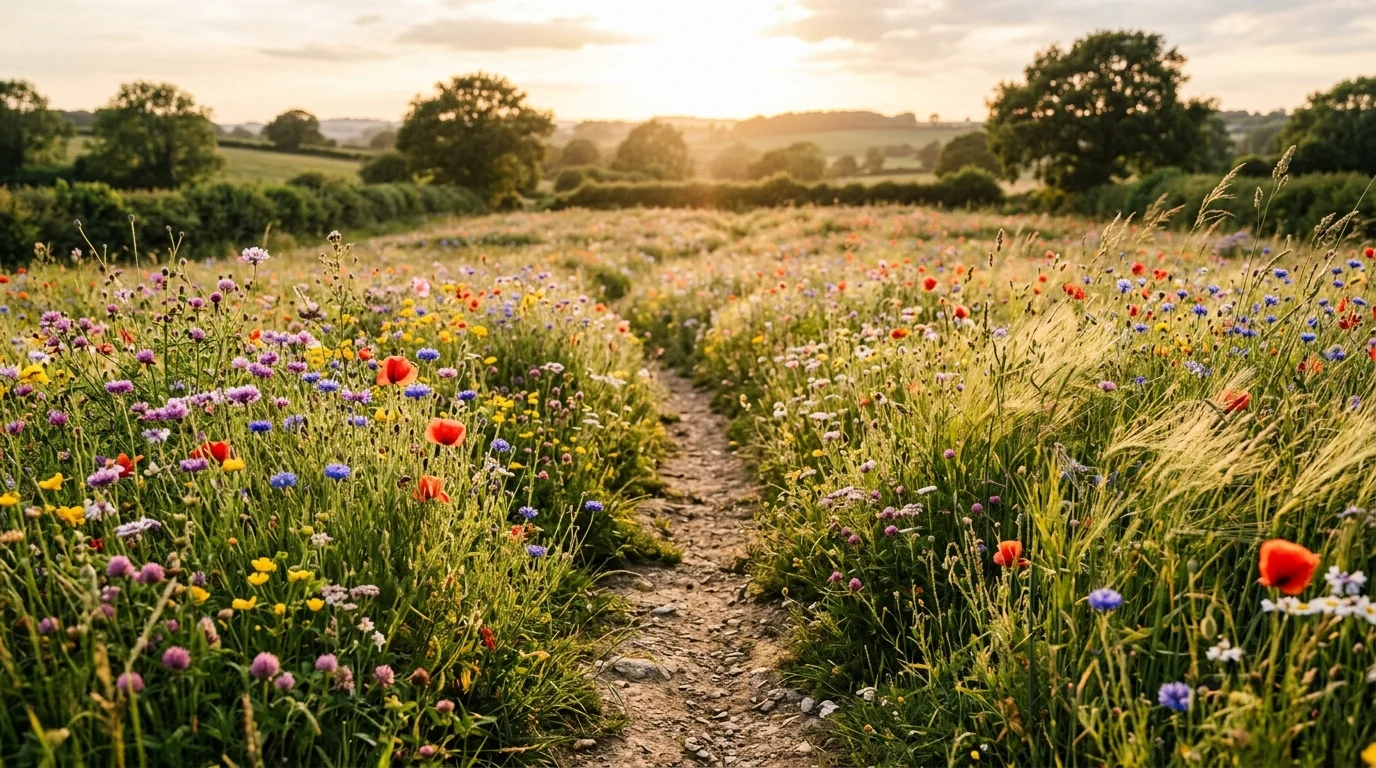 A wildflower meadow path with relaxed, naturalistic flower planting.
