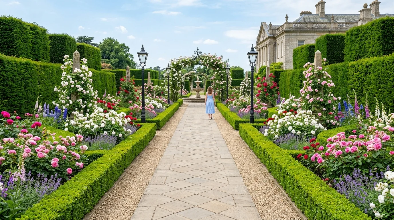 A formal symmetrical flower walkway with balanced planting on both sides.