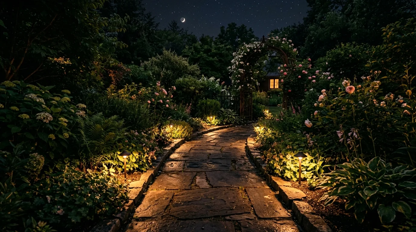 A night garden flower path enhanced with soft lighting.