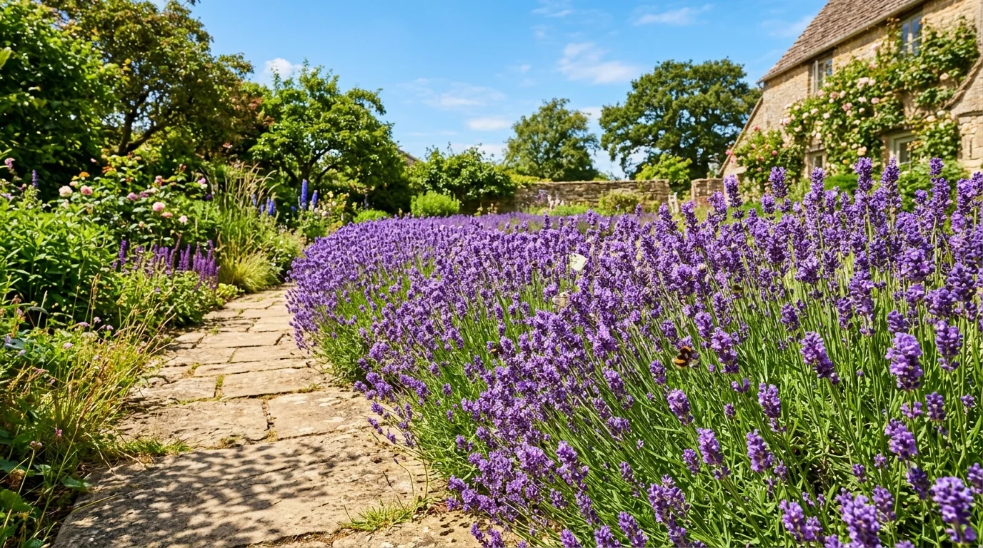 A sun-drenched garden border filled with lavender in bloom.