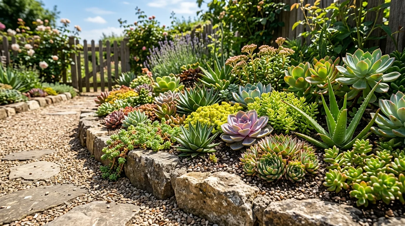 A succulent border designed for a bright full sun garden.