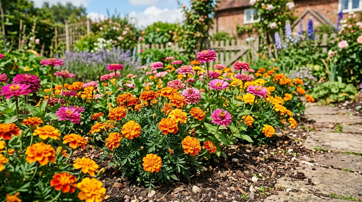A colorful full sun border filled with marigolds and zinnias.