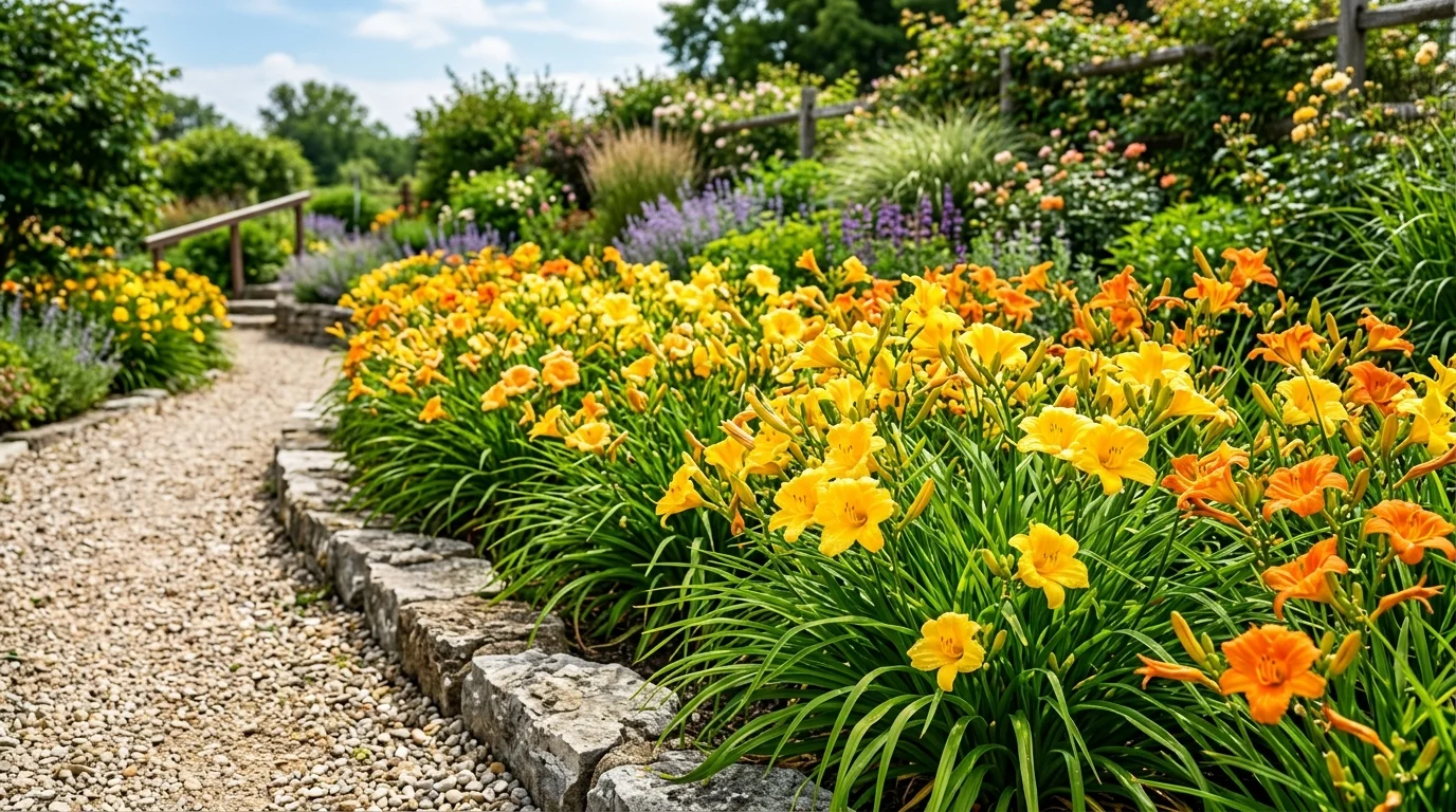 A glowing daylily border thriving in bright full sun.