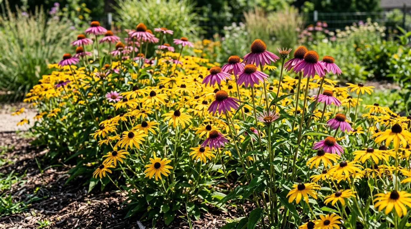 Coneflowers and black-eyed Susans creating a bold full sun border.