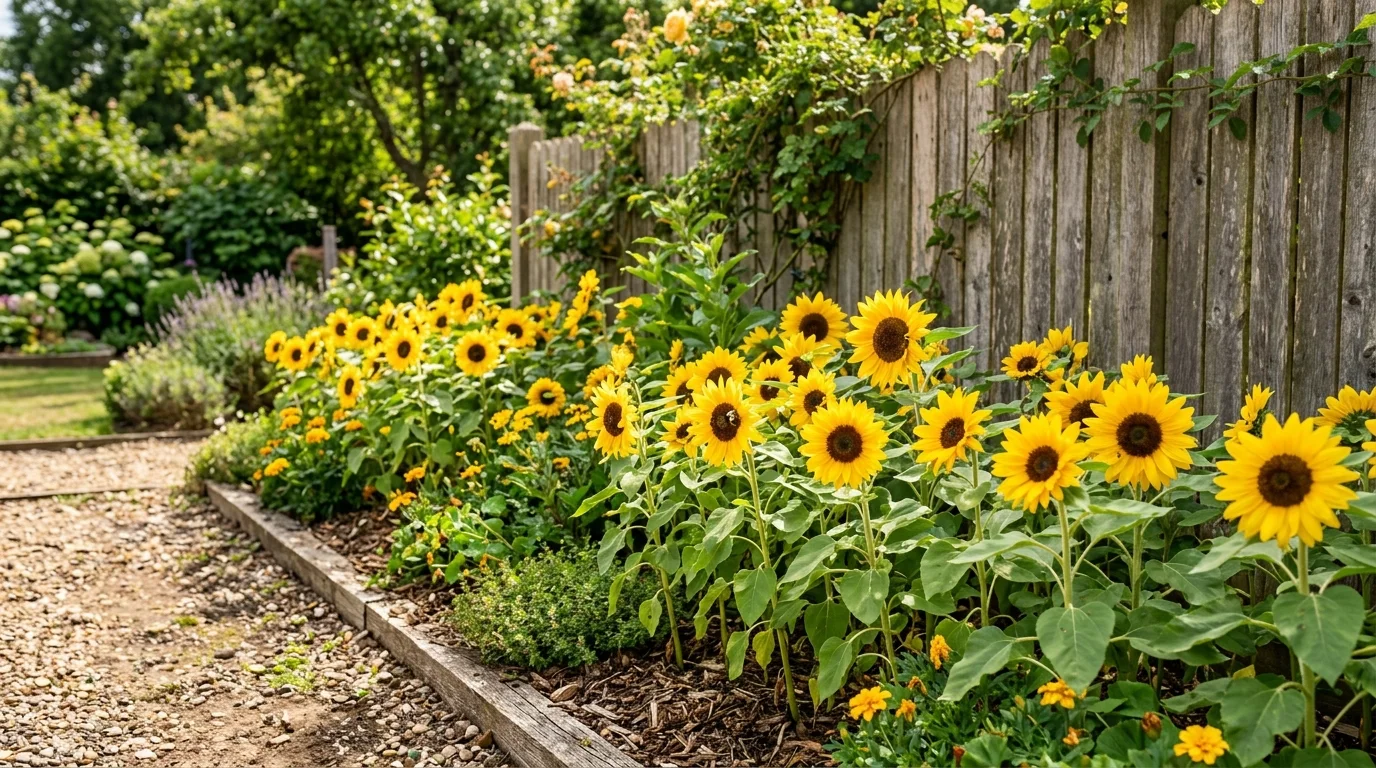 A compact sunflower border creating height in a sunny garden.