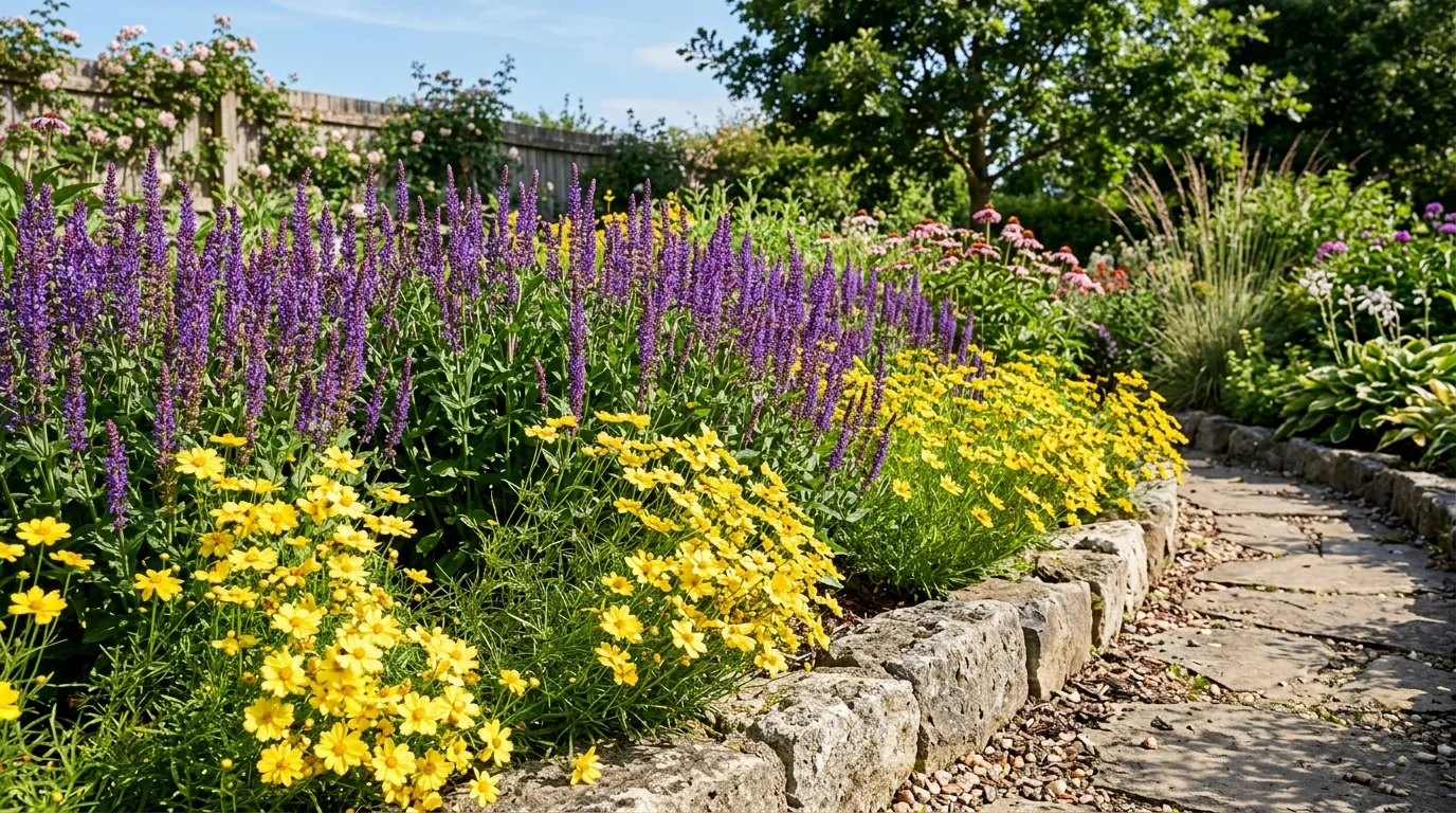 A salvia and coreopsis border glowing in full sun.