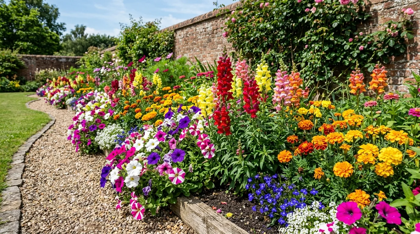 A full sun border filled with mixed annuals for bright color impact.