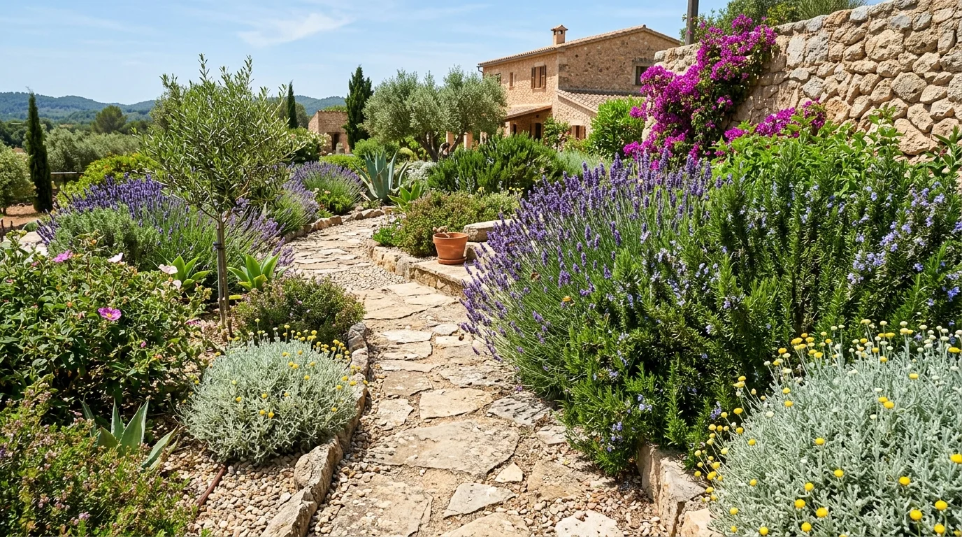 A Mediterranean-style full sun border with warm texture and soft foliage.