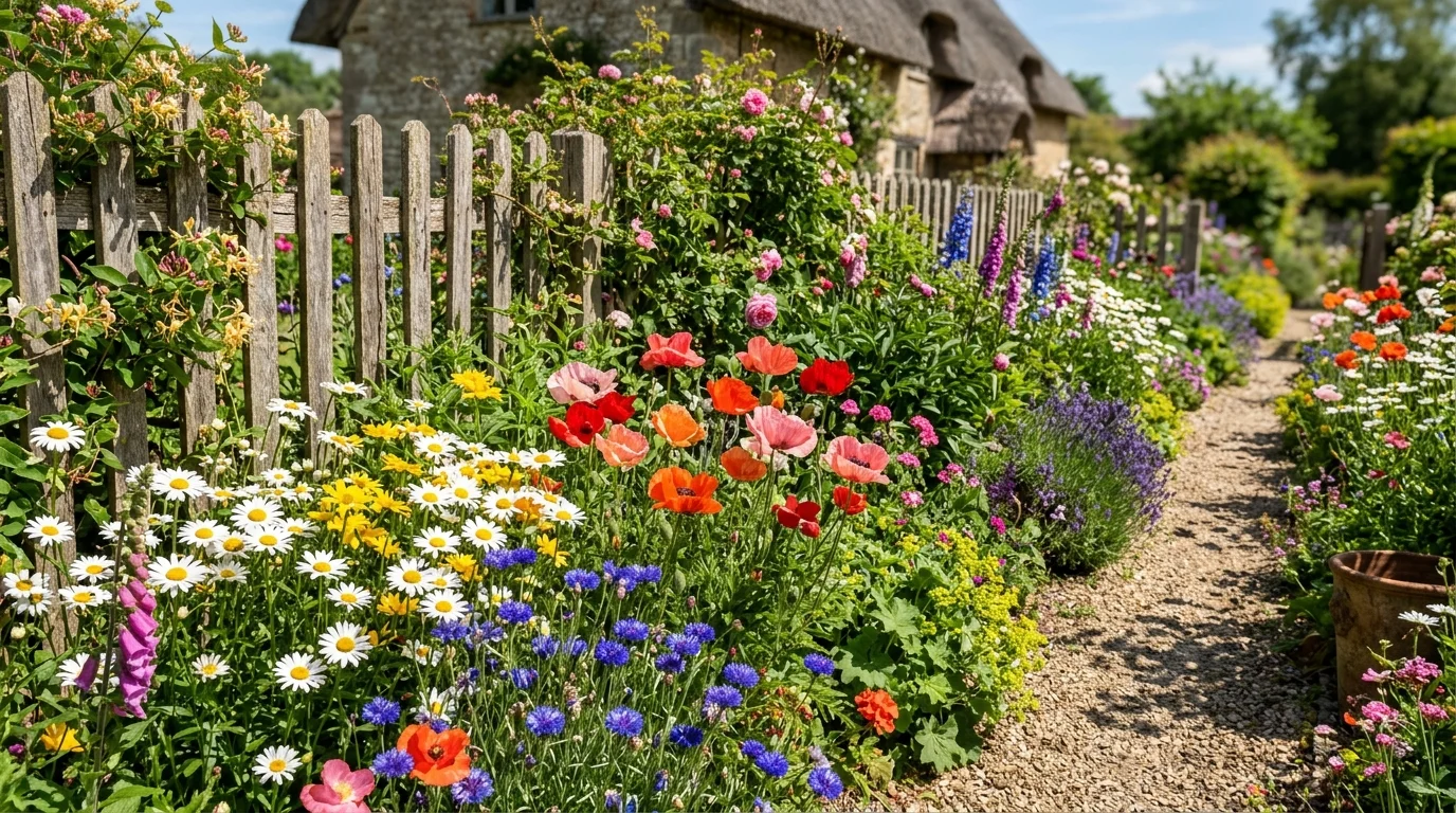 A cottage-style full sun border overflowing with flowers.