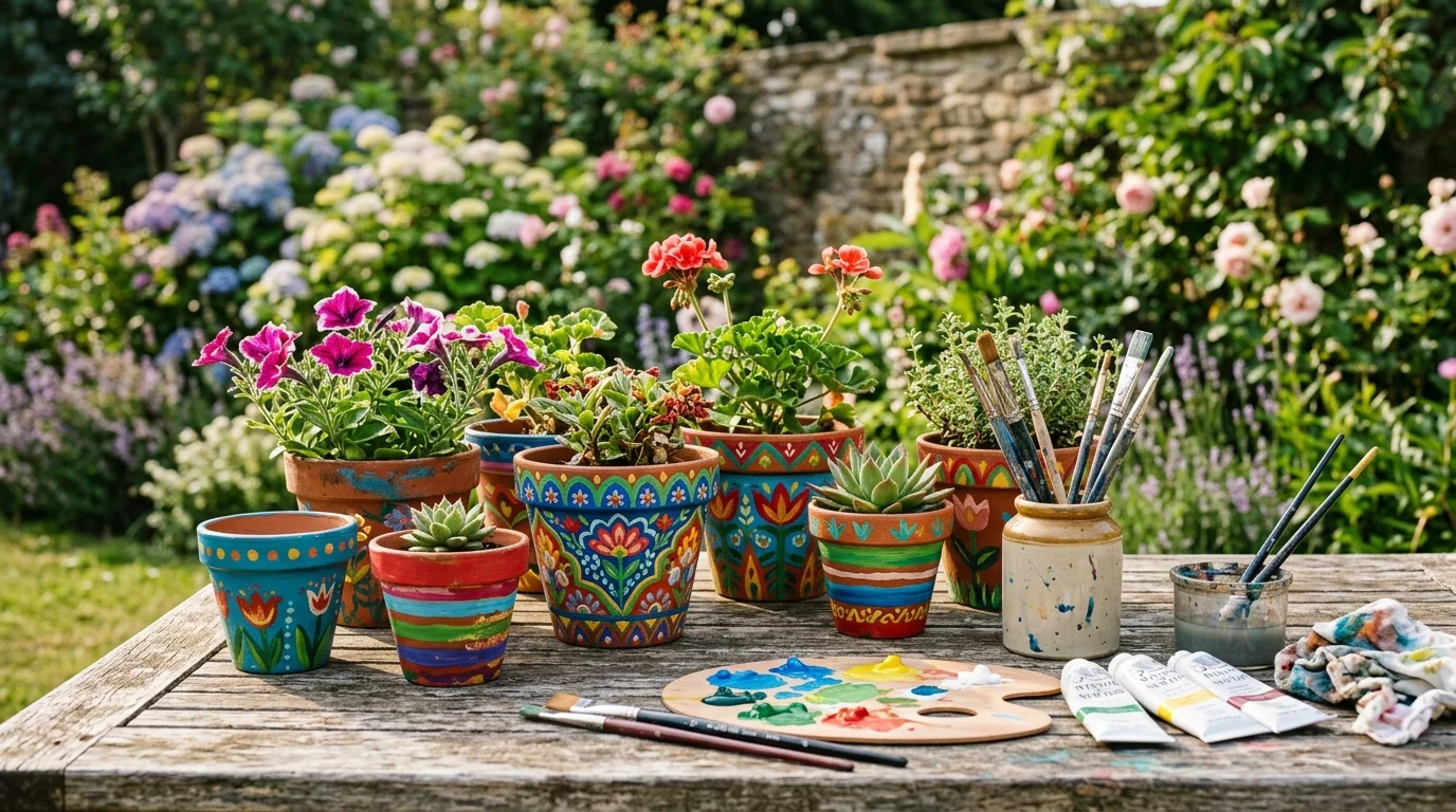 Painted flower pots styled as colorful garden crafts.