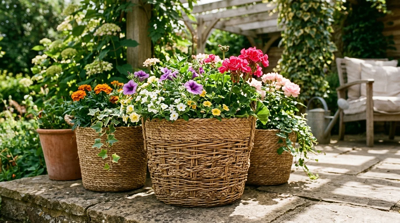 Woven basket planters adding texture and softness to the garden.