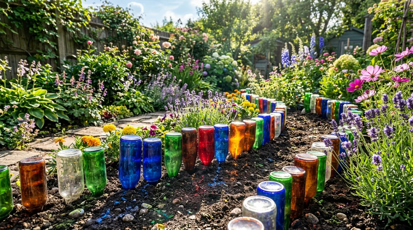 Bottle garden edging creating a colorful border around a planting bed.