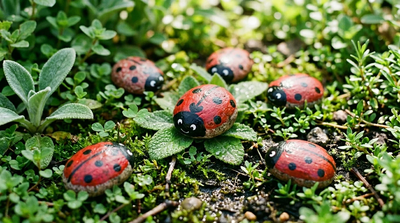 Ladybug rock decorations adding a playful detail to the garden.