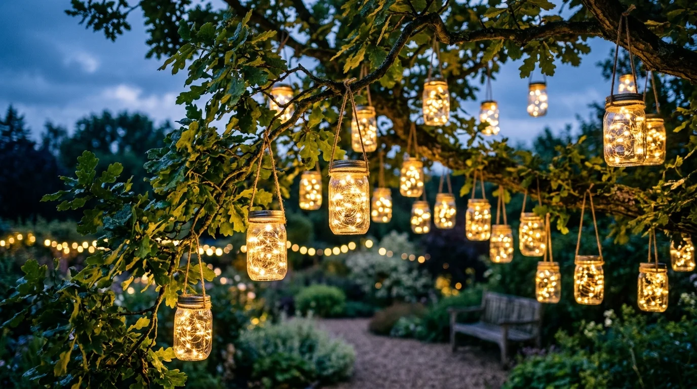 Hanging mason jar lanterns creating soft light for a garden evening.