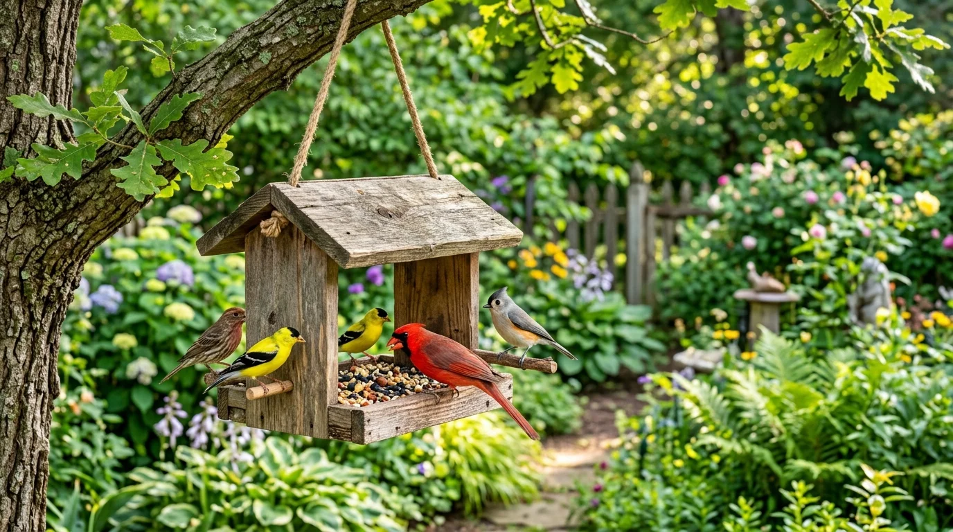 A DIY bird feeder adding a charming wildlife touch to the garden.