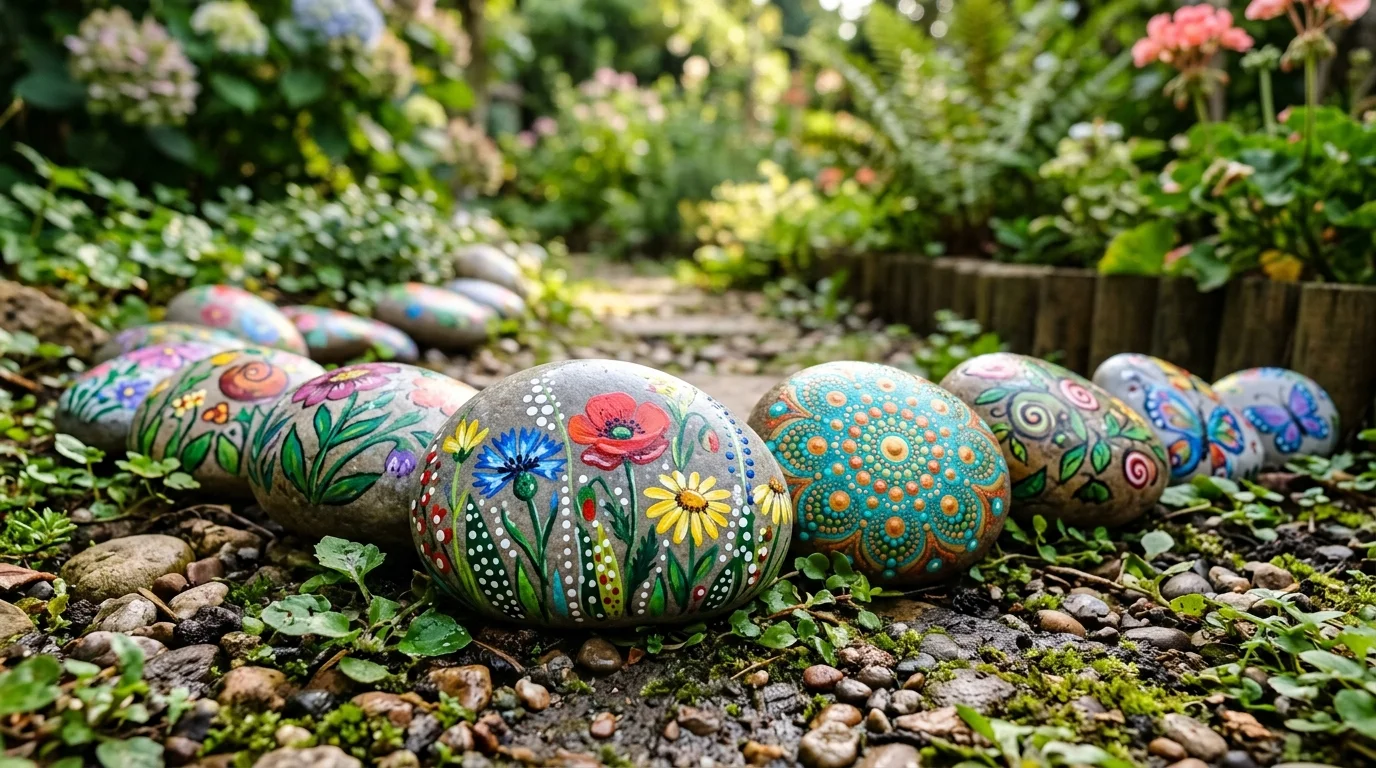 Garden stone painting adding playful detail to a planting bed.