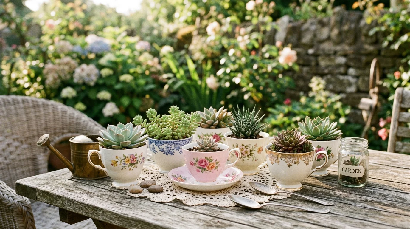 Teacup planters creating a charming small-scale garden craft.