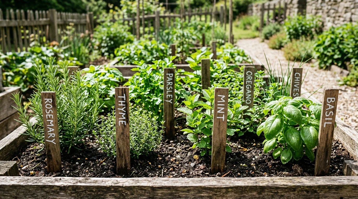 Wooden plant markers adding organization and charm to garden beds.