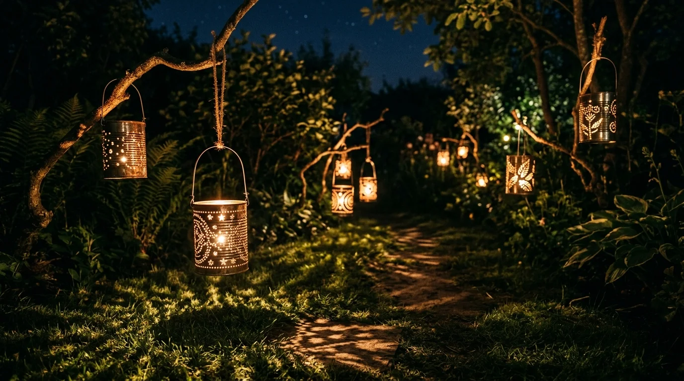 Tin can lanterns creating patterned light as a simple garden craft.