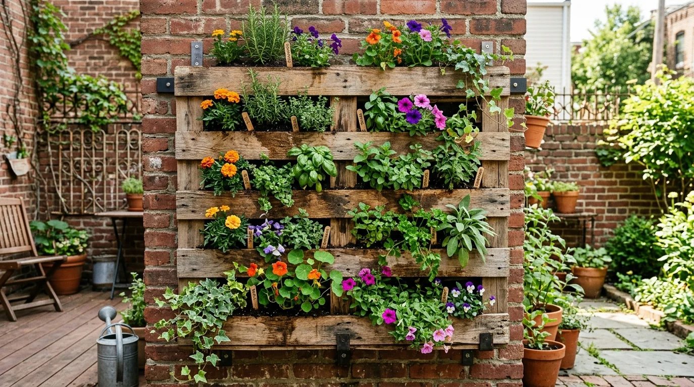 A vertical pallet garden creating a living wall in a small outdoor space.