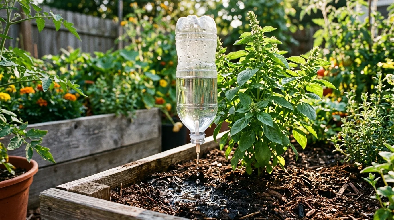 A simple self-watering bottle hack keeping plants hydrated in the garden.