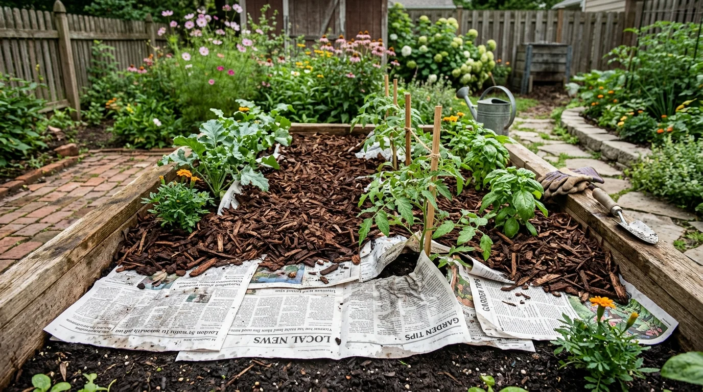 Newspaper being used as a weed barrier in a garden bed.
