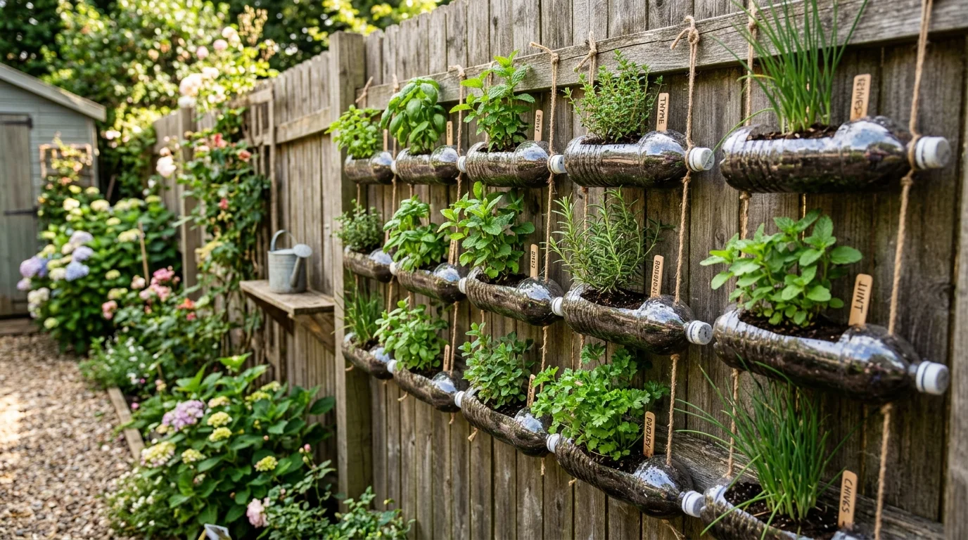 Hanging bottle planters used to grow more plants in a small space.