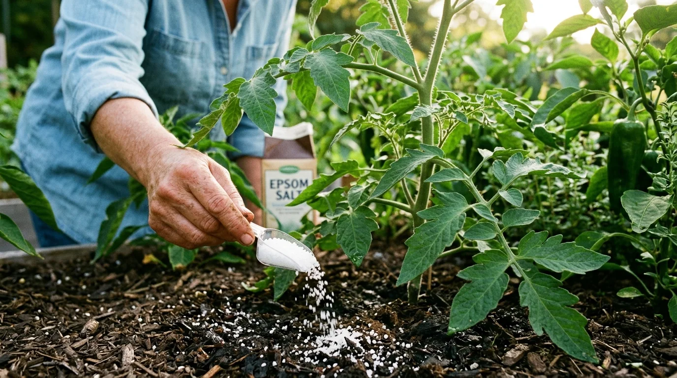 Epsom salt being used as a targeted boost for garden plants.
