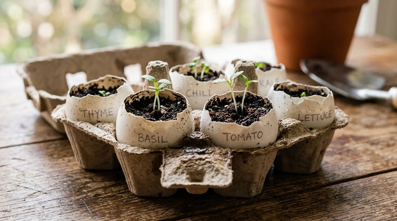 Eggshell seed starters prepared for quick and easy sowing.