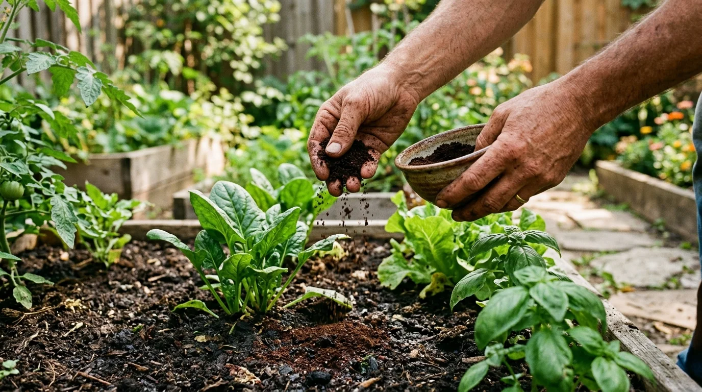 Coffee grounds being reused as part of a garden fertilizer routine.