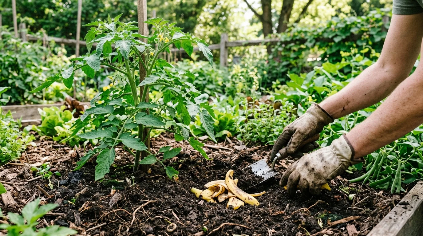 Banana peels being used as part of homemade plant food.