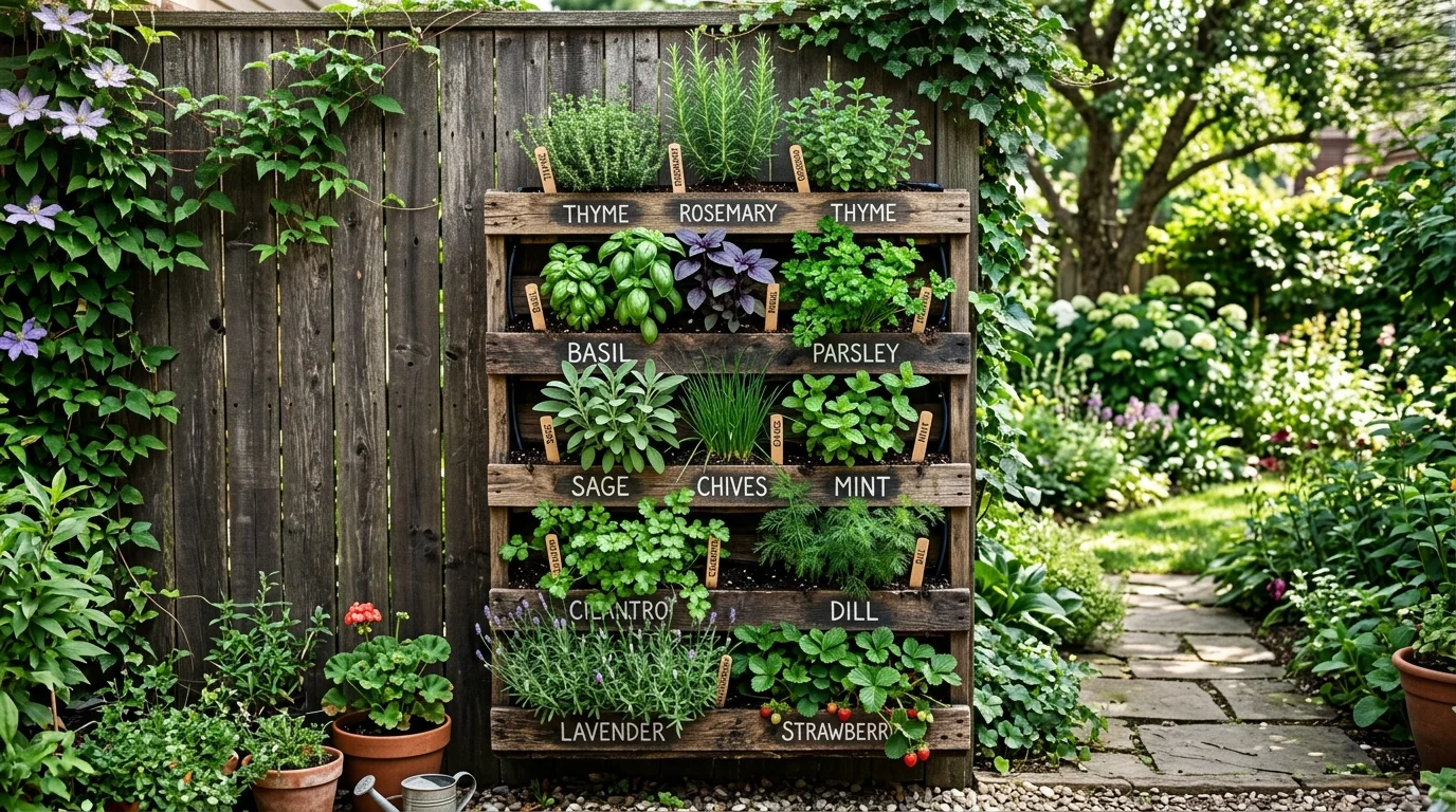 A vertical pallet garden making better use of a small growing area.