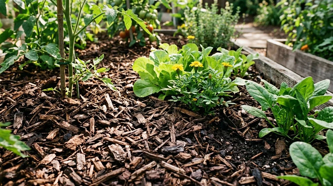 Mulch being used in the garden to reduce weeds and save time.