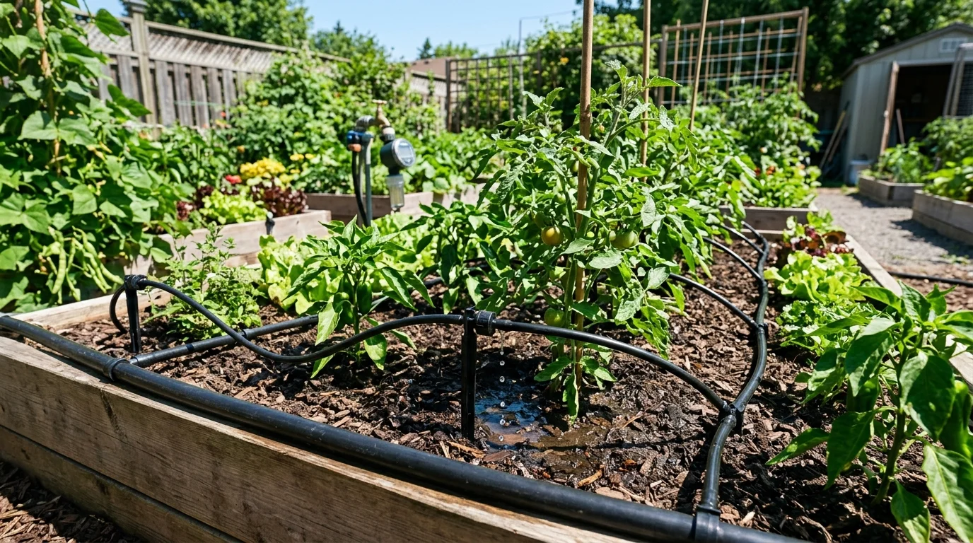 A DIY drip irrigation system helping water the garden more efficiently.